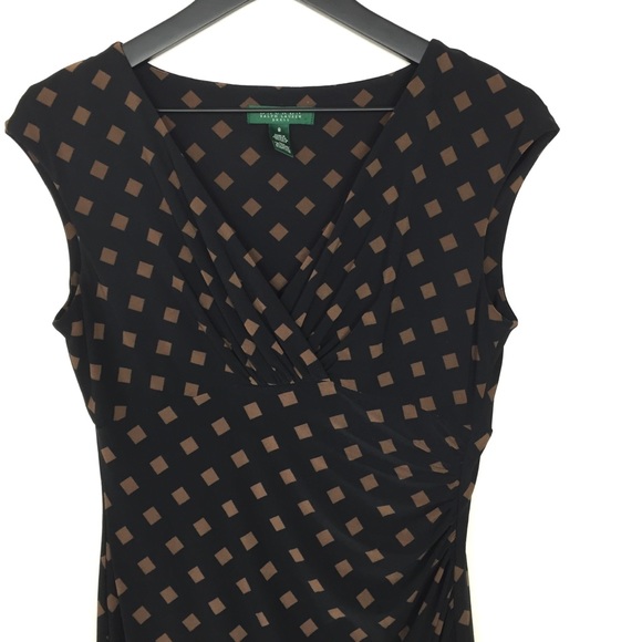 LRL Black Dress Brown Diamond Print Faux Wrap 8 - Picture 2 of 8